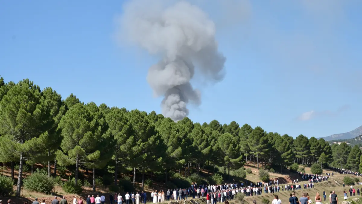 Columna de humo sobre una montaña de pinos en Tiana.