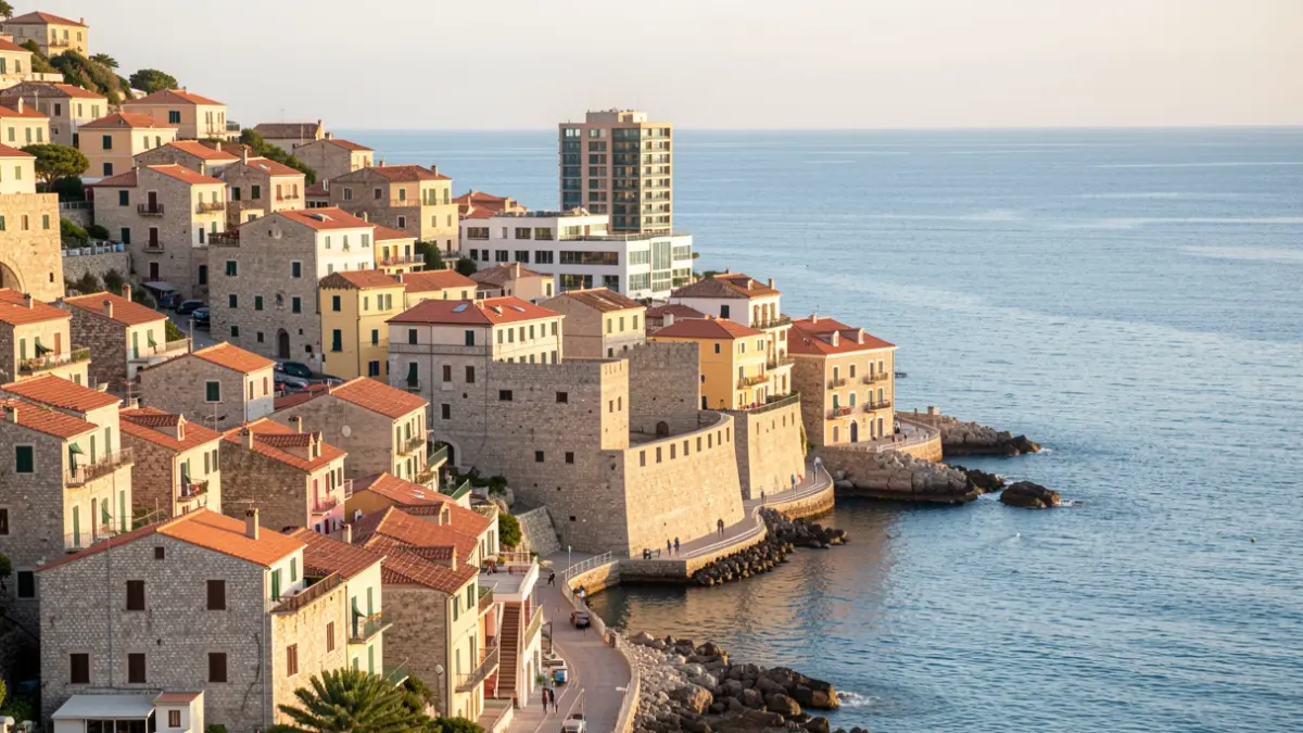 Generic image of L'Escala's urban fabric with historic buildings and modern infrastructure bordering the sea.