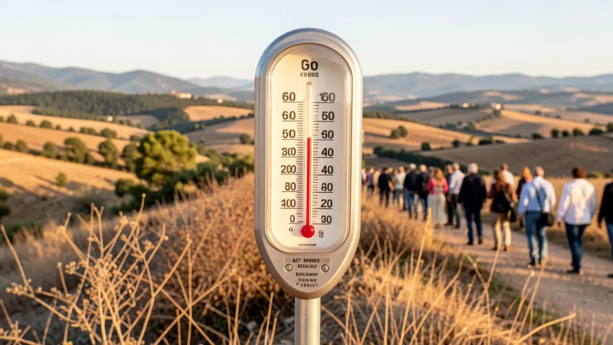 Termòmetre marcant altes temperatures sobre un paisatge de l'Alt Empordà.