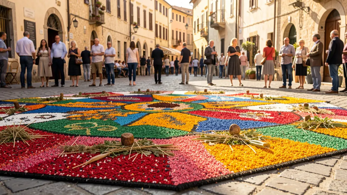 Alfombras de Corpus de colores con elementos naturales y grava teñida en la calle.