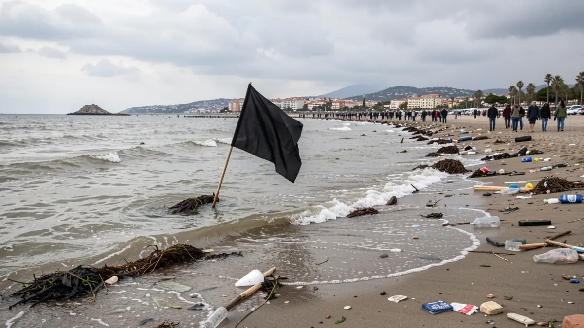 Imagen genérica de una playa contaminada con una bandera negra.