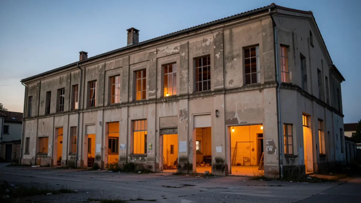 Generic image of the exterior of an abandoned industrial building at dusk.