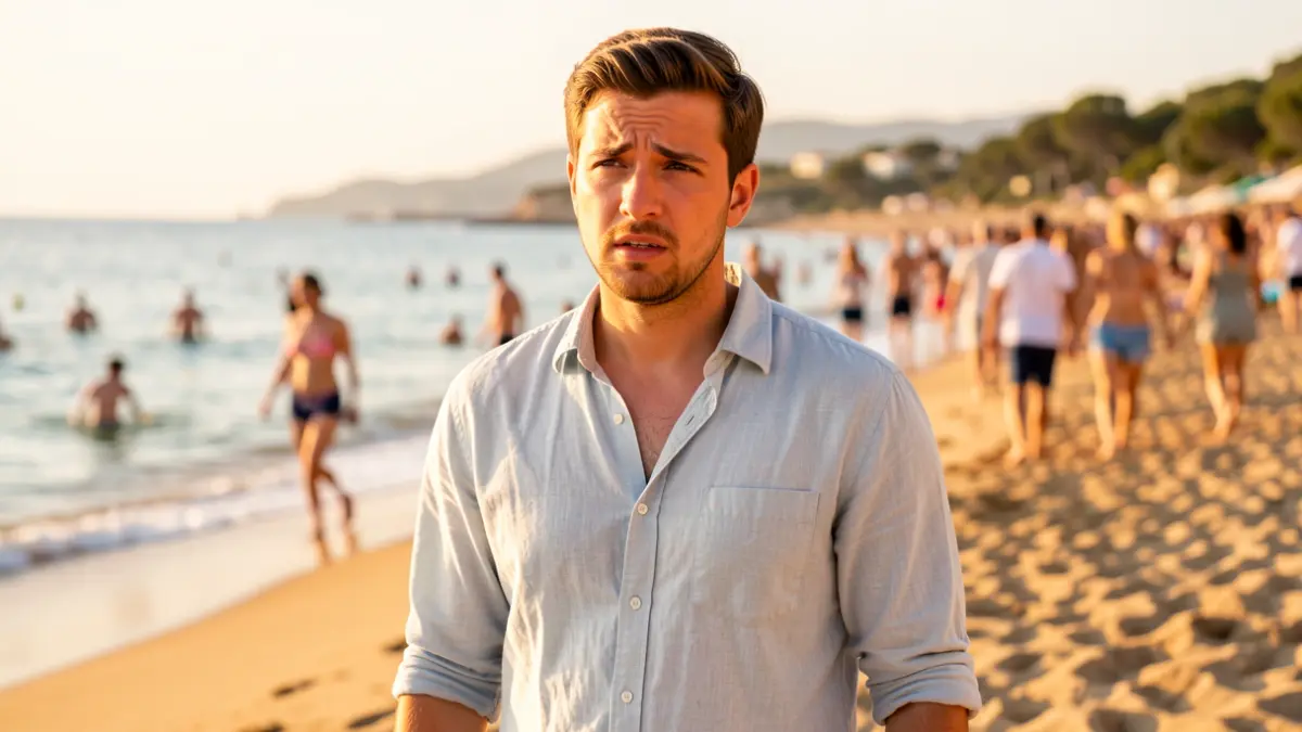 Joven en la playa con el mar de fondo durante la hora dorada.