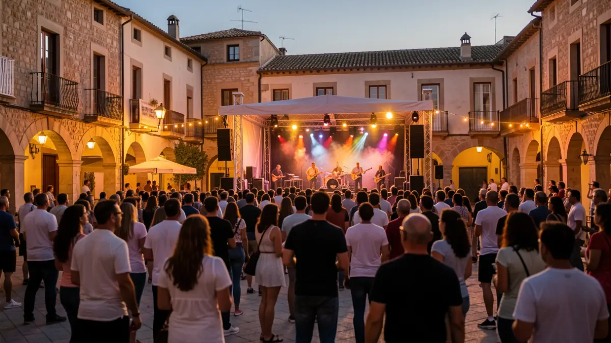 Generic image of an outdoor music festival in a Catalan town square at dusk.