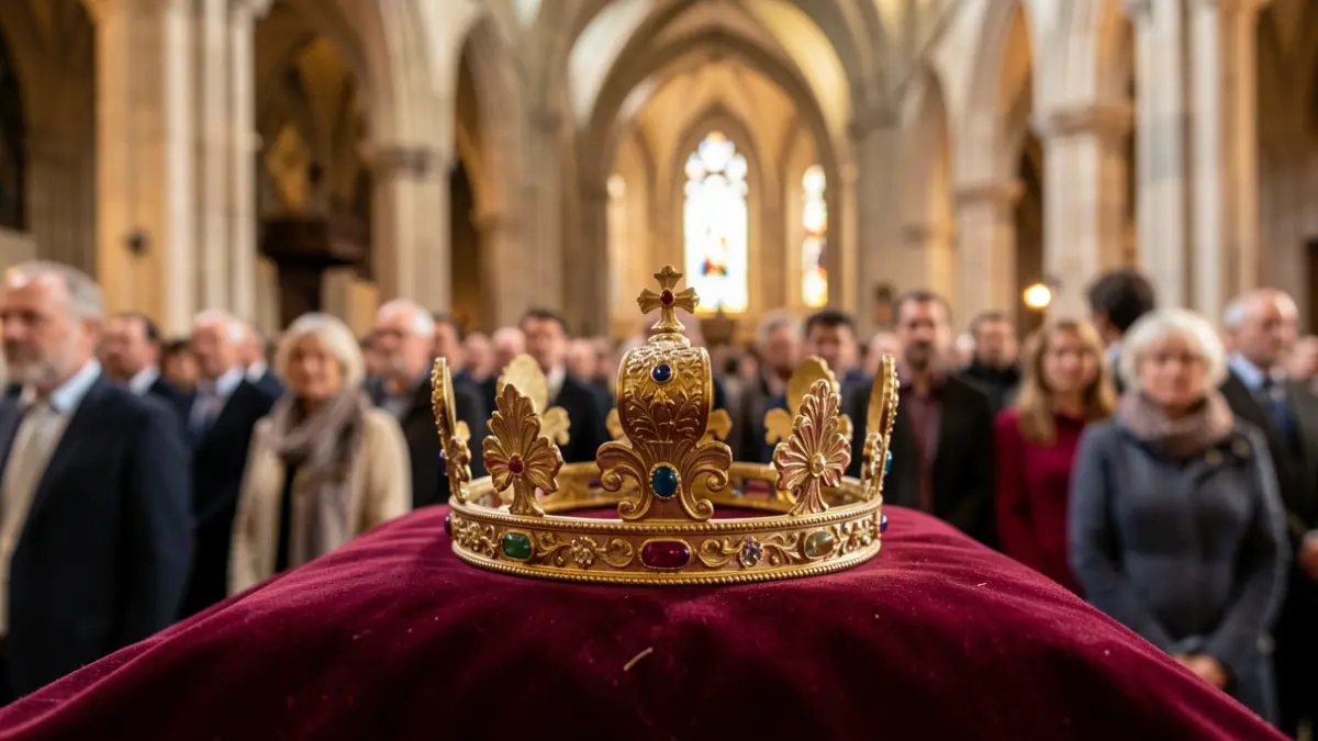 Generic image of a papal tiara on a velvet cushion.