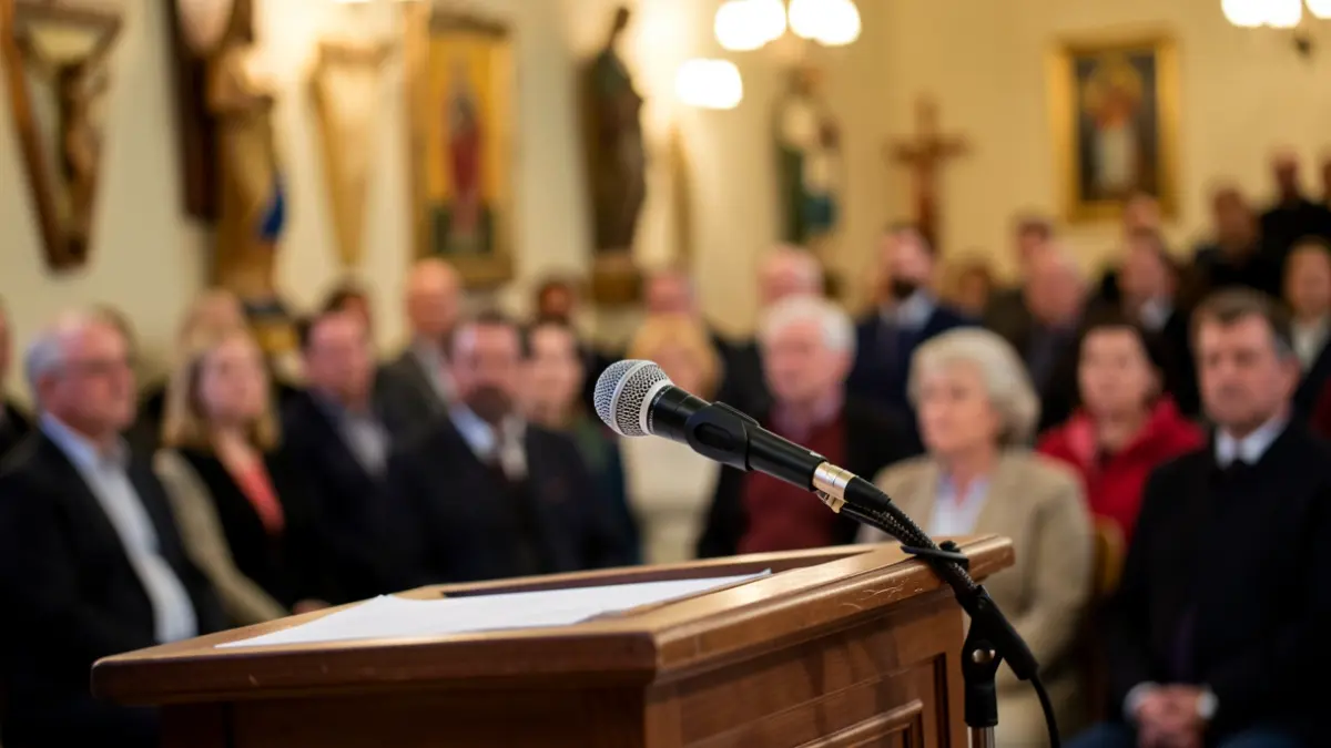 Generic image of a podium with religious symbols.