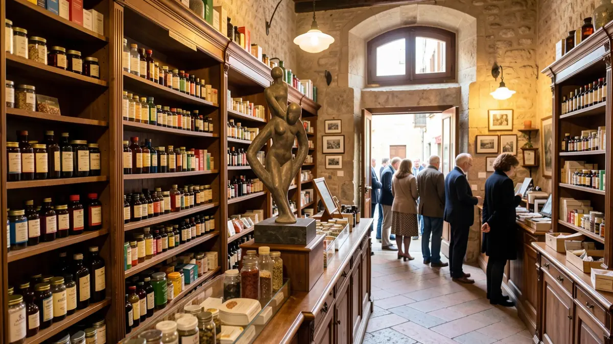 Generic image of a pharmacy with a piece of art.