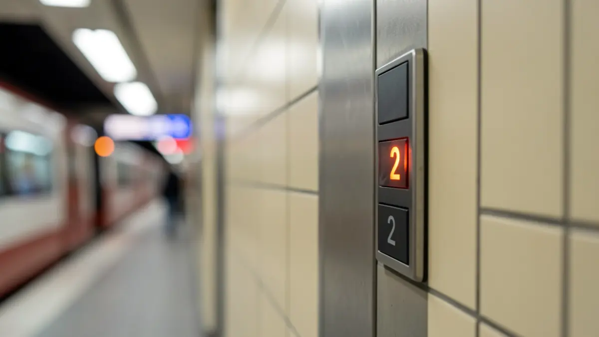 Illuminated elevator button in a train station.