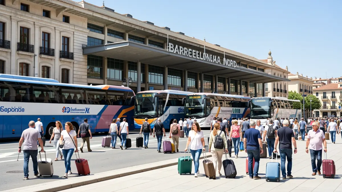 Imatge genèrica de l'estació de Barcelona Nord amb autocars i viatgers.