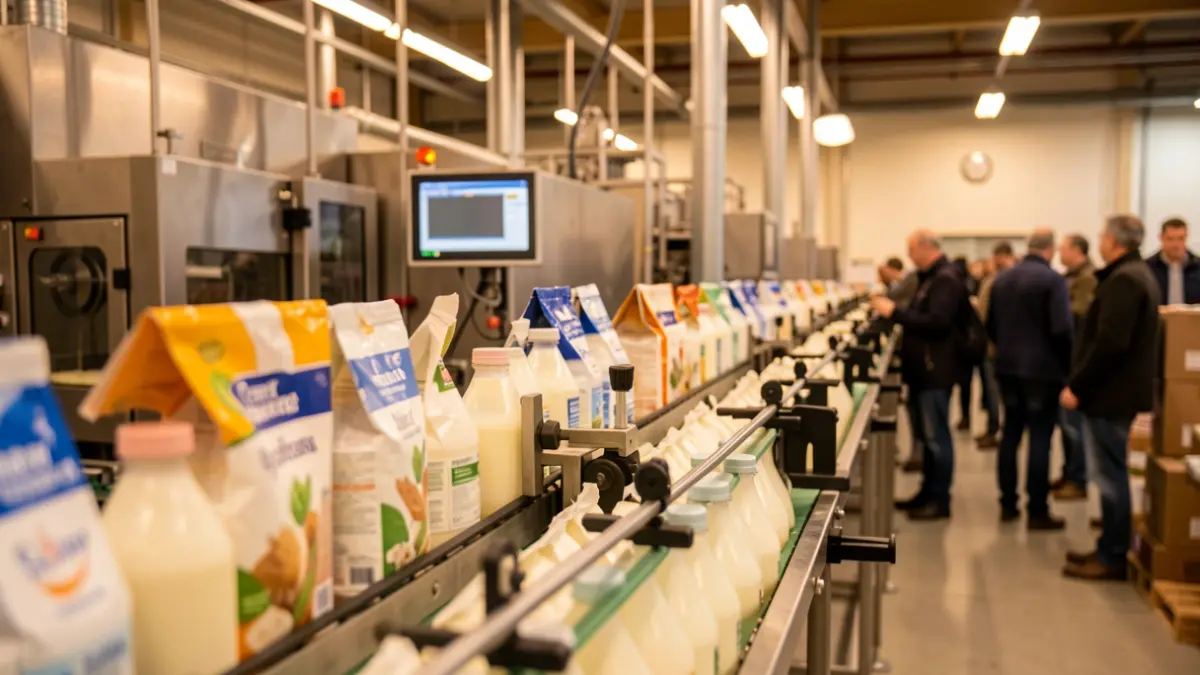 Imatge genèrica d'una línia de producció de lactis en una fàbrica.