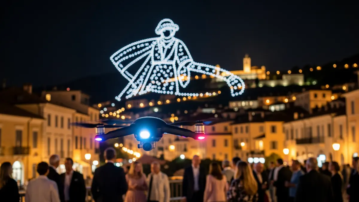 Generic image of drones forming a figure in the night sky.