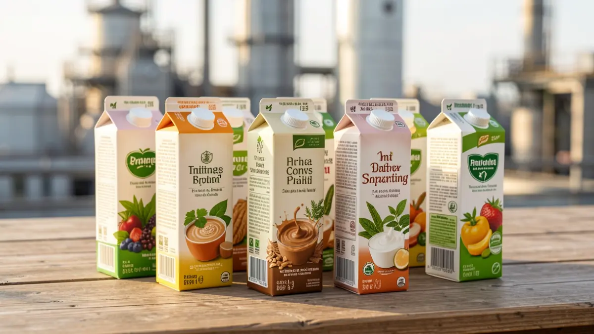 Imatge de productes de begudes vegetals sobre una taula de fusta.