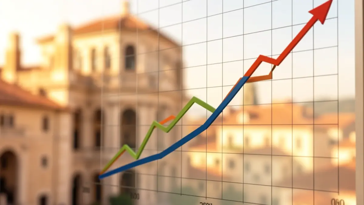 Imatge genèrica d'un gràfic econòmic amb arquitectura mediterrània al fons.