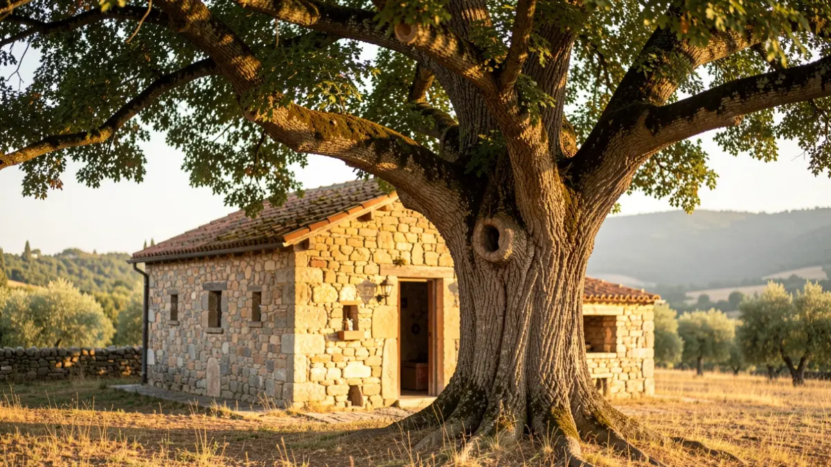 Imatge genèrica d'una ermita antiga amb un lledoner davant.
