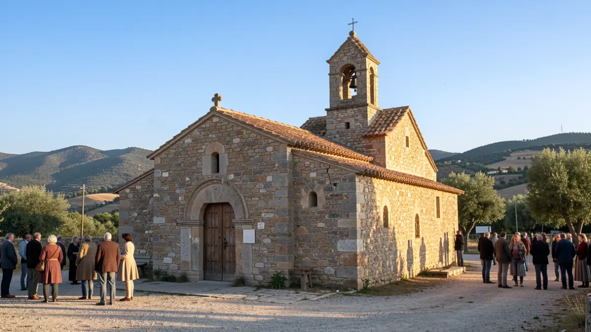 Vista exterior d'una ermita romànica de pedra amb cel blau.