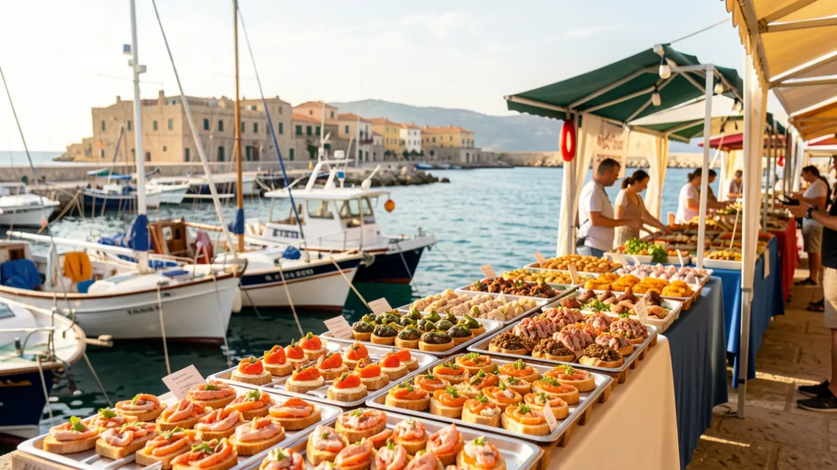 Generic image of a fishing port with a food festival.