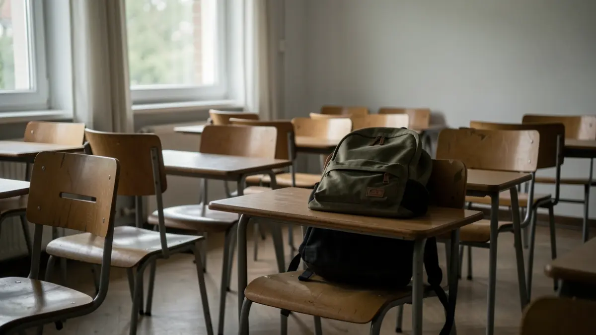 Generic image of an empty classroom with a backpack.
