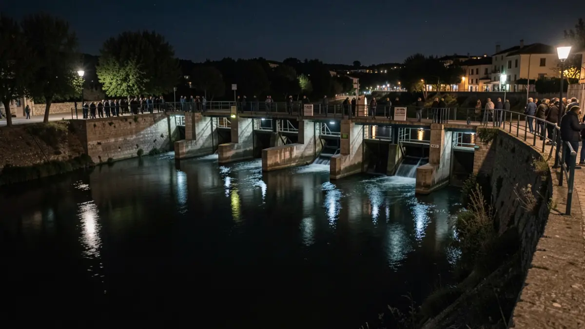 Imatge nocturna de les comportes del riu Segre a Lleida.