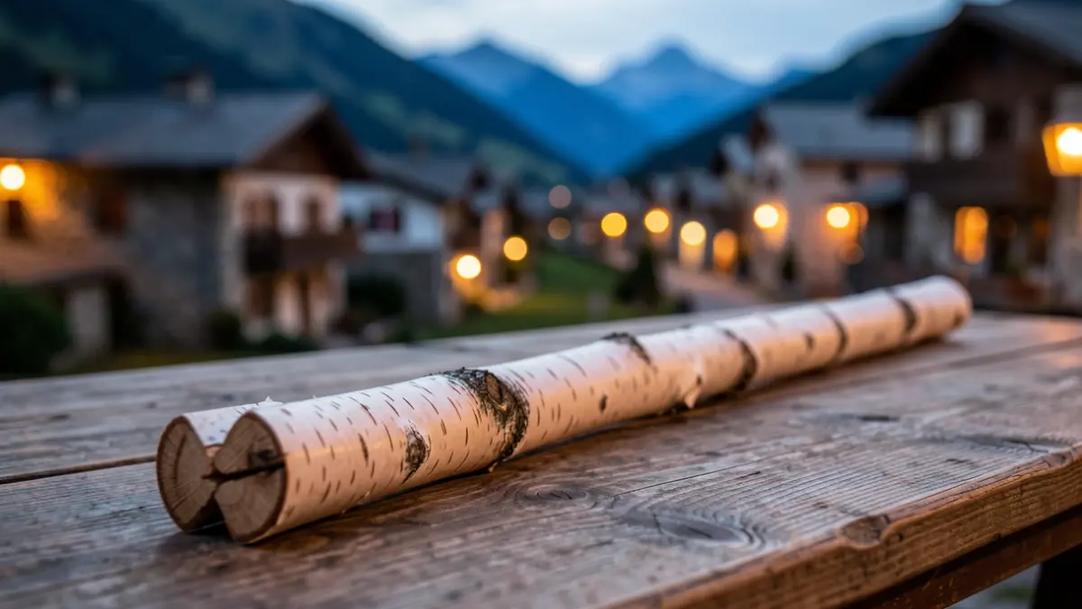 A traditional birch or hazel wood 'falla' with wood details, in front of a Pyrenean village at dusk.