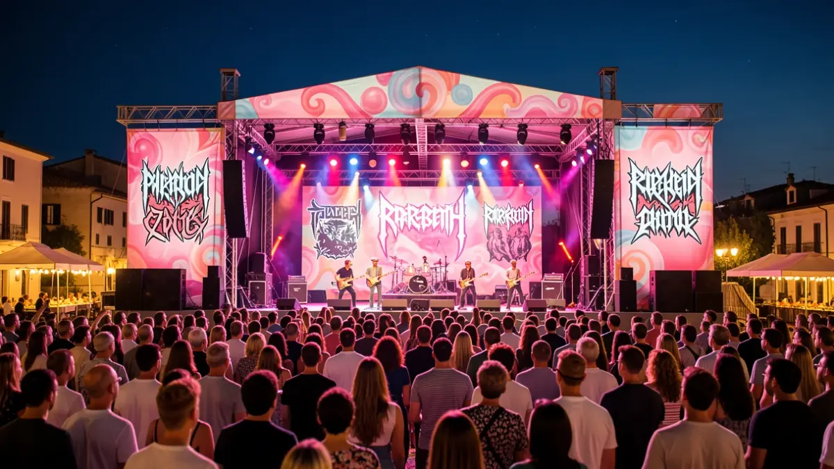 Imatge genèrica d'un escenari de festival musical nocturn amb una estètica que barreja el pop i el metal extrem.