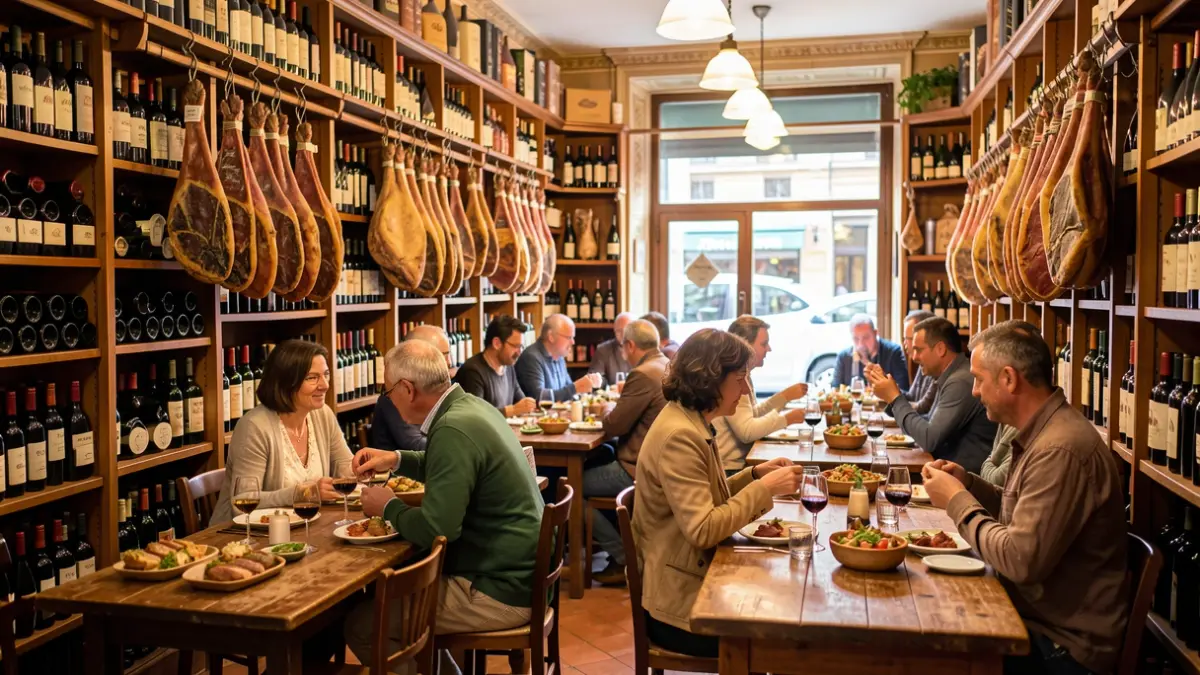 Imagen genérica de una bodega tradicional catalana en Barcelona con botellas de vino y tapas.