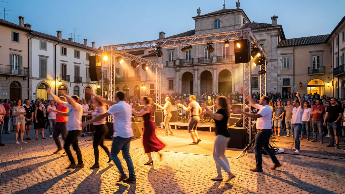 Imatge genèrica d'un escenari exterior en una plaça al capvespre amb ballarins i l'arquitectura d'un ajuntament.