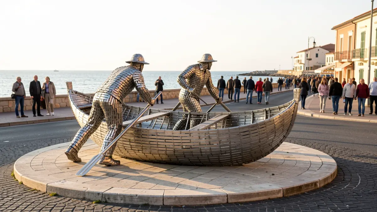 Generic sculpture of fishermen pushing a boat.