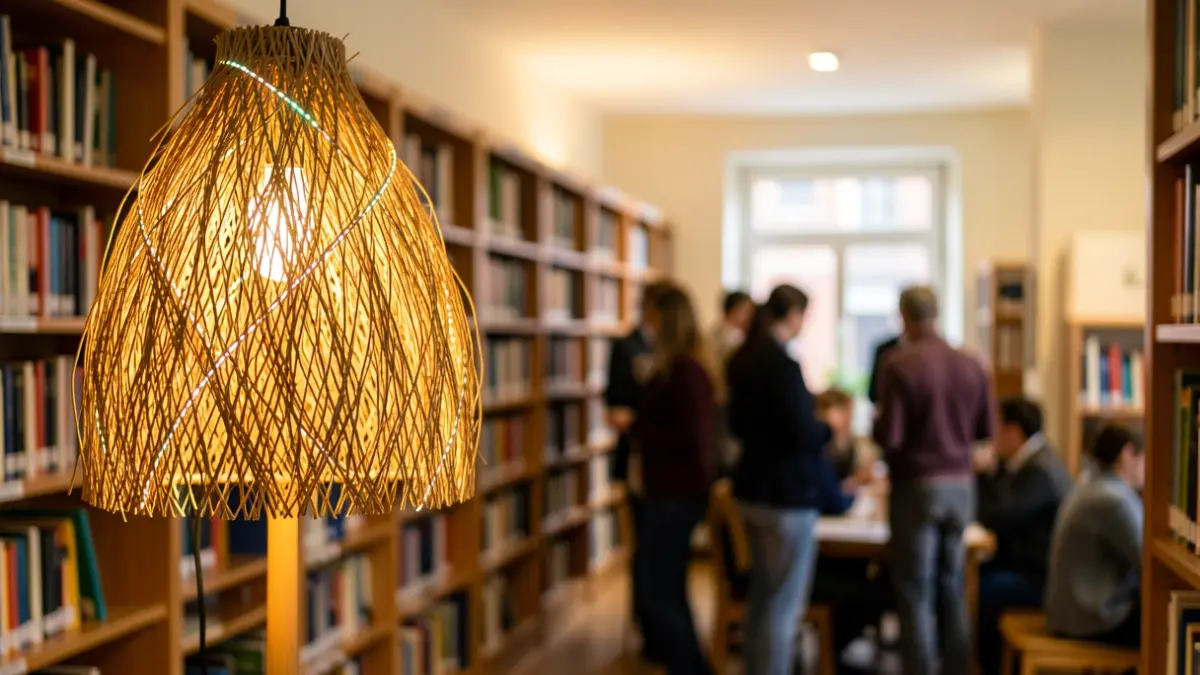 Imagen genérica de una lámpara diseñada con materiales naturales en una biblioteca escolar.