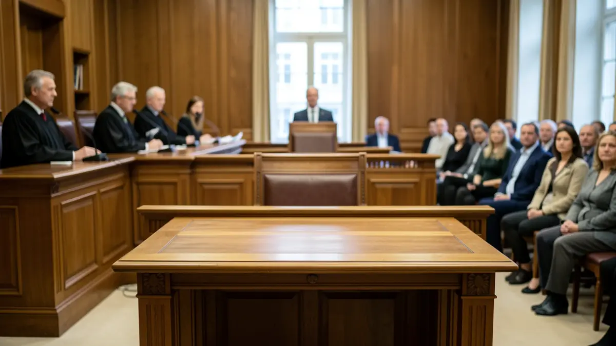 Imagen genérica de una sala de vistas judicial con el estrado de los testigos vacío.