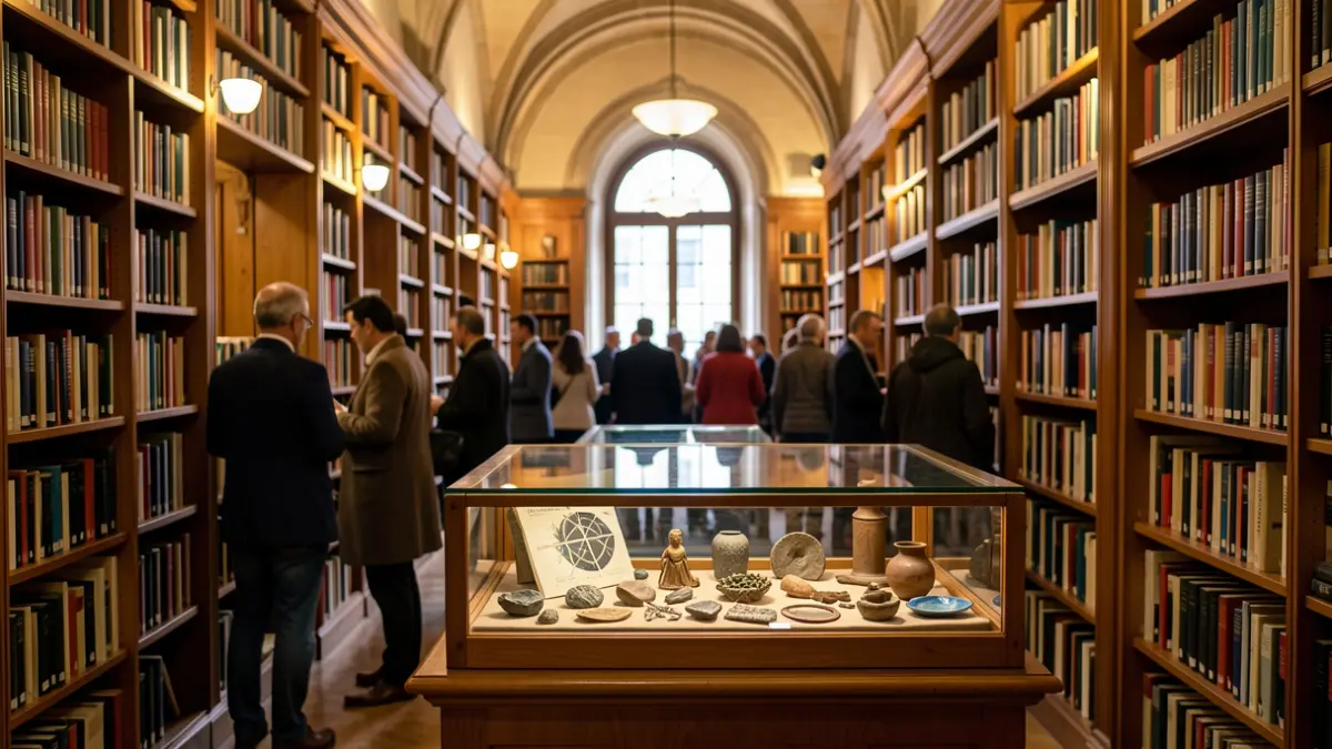 Imagen genérica del interior de una biblioteca con una exposición.