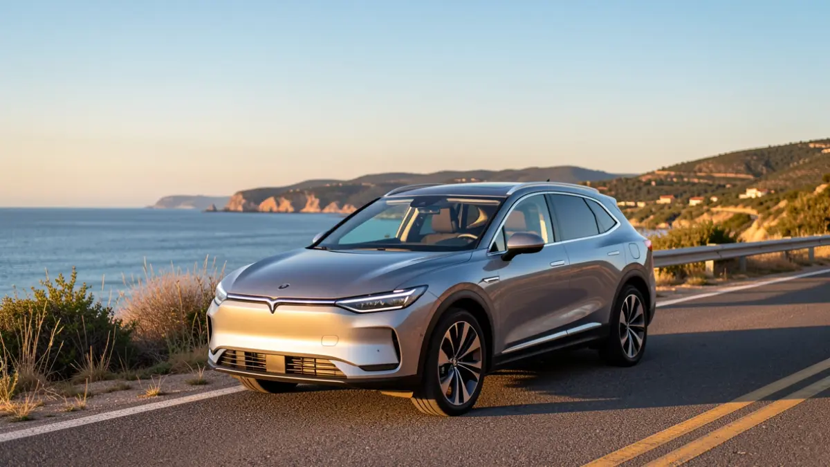 Generic image of an electric car in a Costa Brava landscape.