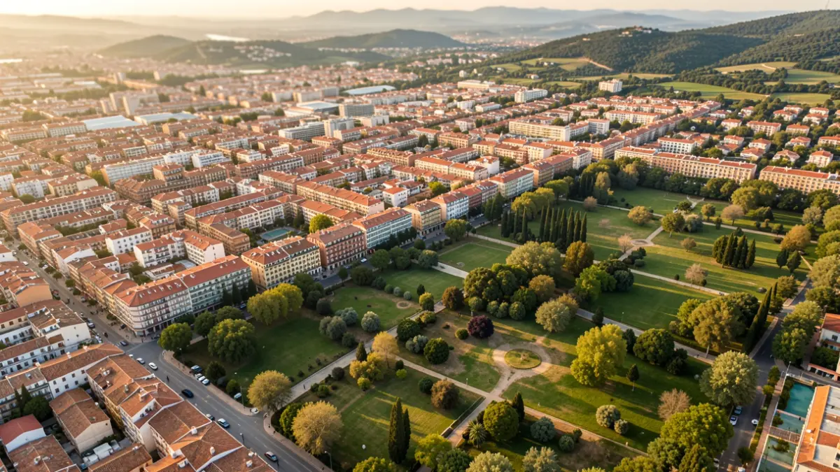 Vista aèria d'una ciutat mediterrània amb edificis residencials i zones verdes.