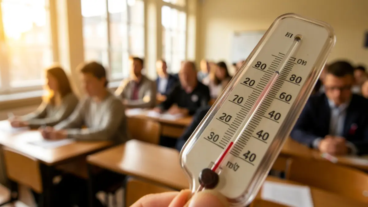 Imatge genèrica d'un termòmetre en un entorn escolar que indica temperatures elevades.