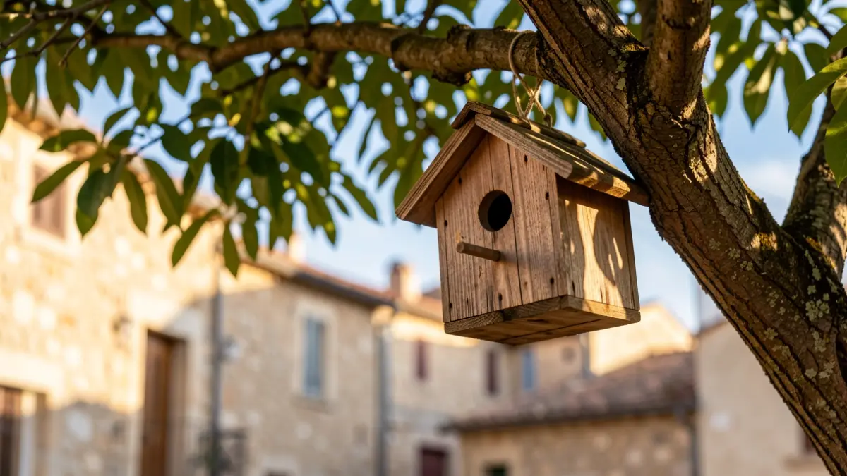 Casa nido de madera en un árbol con edificios de Llançà al fondo.