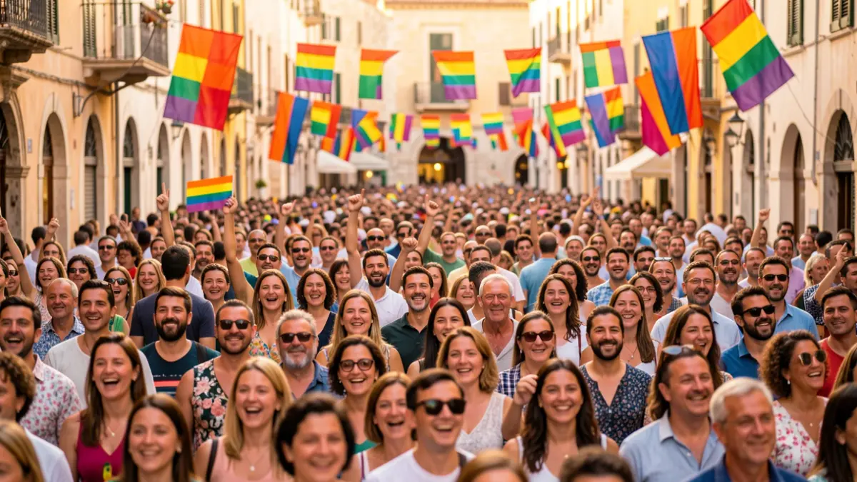 Multitud celebrando el Orgullo LGBTIQ+ en Lleida con pancartas y colores.