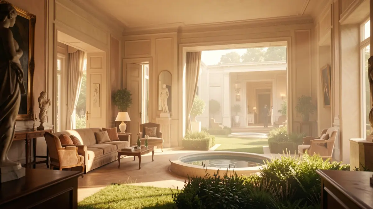 Image inspired by the aesthetic of 'Last Year at Marienbad', featuring opulent rooms and geometric gardens under summer light.