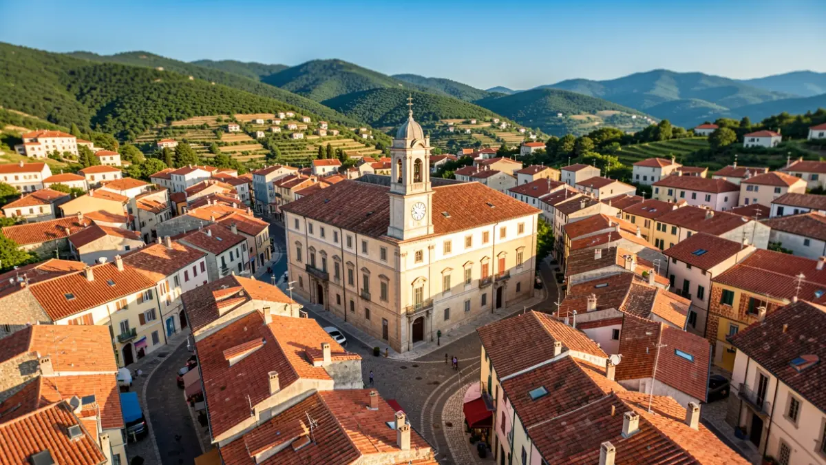 Vista aèria del municipi de Llorenç del Penedès amb l'Ajuntament destacat.
