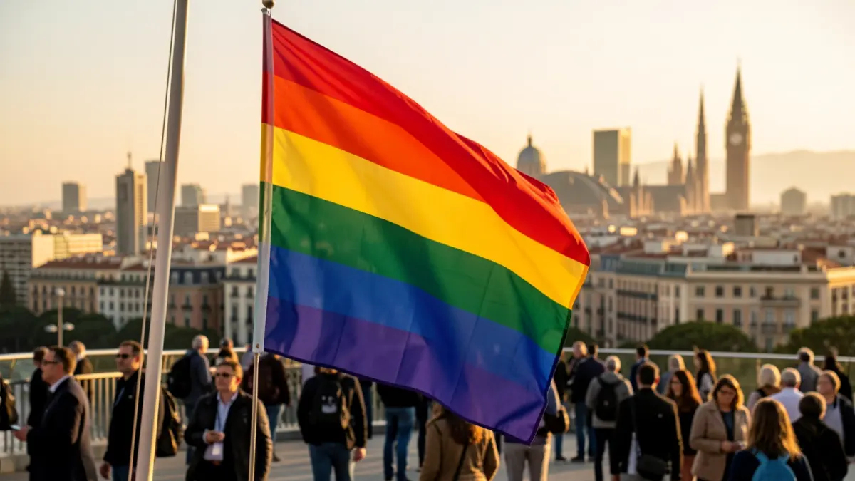 Rainbow flag waving with the Barcelona skyline in the background.