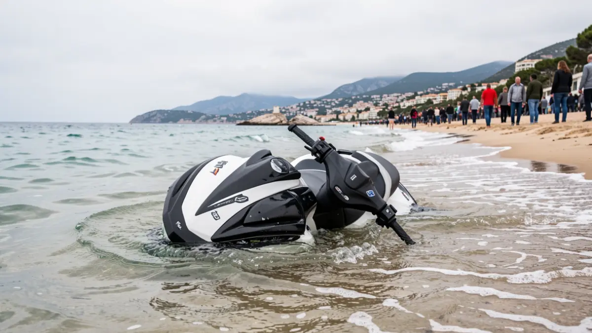 Imagen genérica de una moto de agua volcada a la orilla del mar.