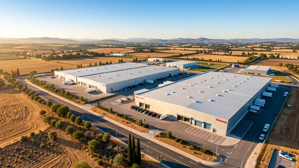 Imagen genérica de un gran parque logístico moderno con naves industriales.