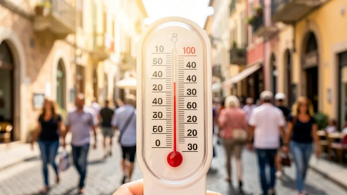 Termòmetre que marca temperatures elevades amb un carrer de ciutat mediterrània al fons.