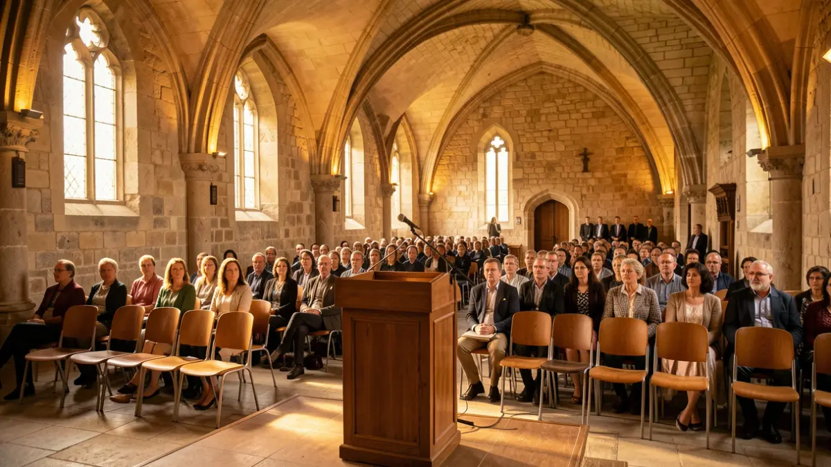 Interior del convent de Sant Salvador d'Orta preparat per a un concert de música clàssica.