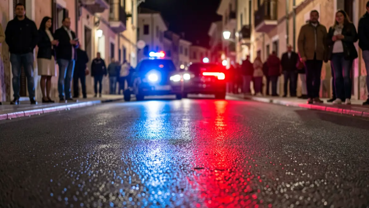 Imatge genèrica de llums d'emergència policials reflectint-se en asfalt mullat a la nit.