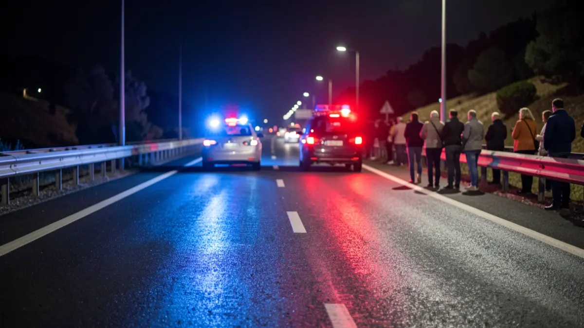Imatge genèrica de llums d'emergència policials en una carretera mullada.