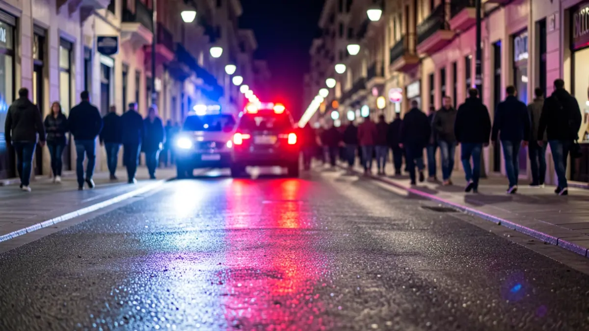 Imatge genèrica de llums d'emergència policials reflectint-se en asfalt mullat a la nit.