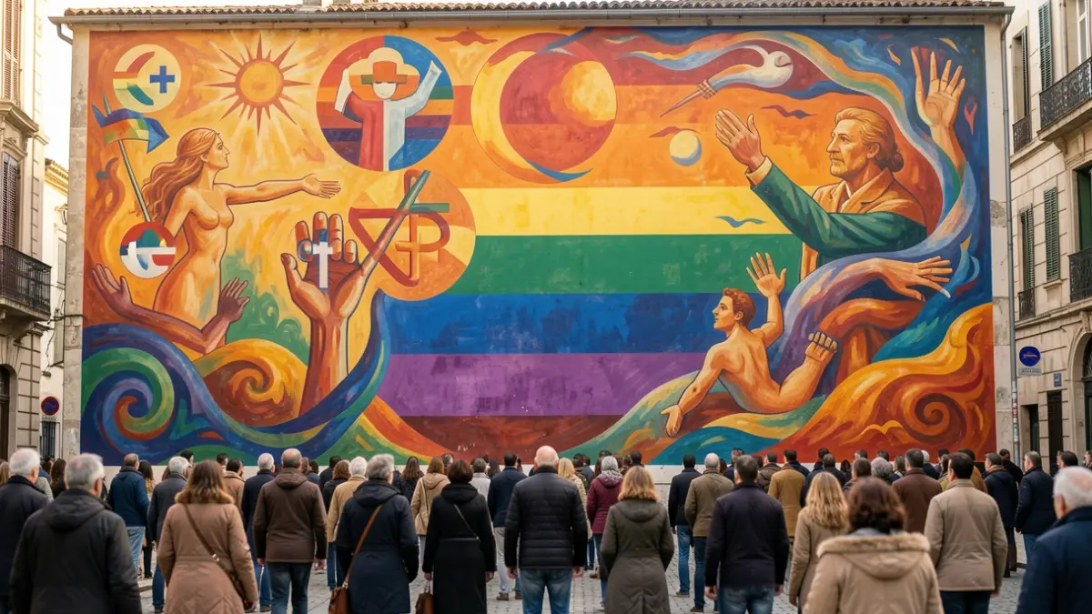 Generic image of an artistic mural with LGBTQ+ themes and references to freedom.