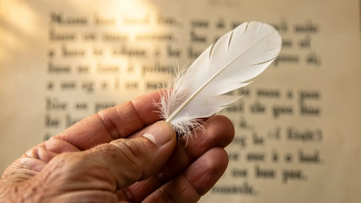 A hand holds a white feather against a blurred background of poetic verses.