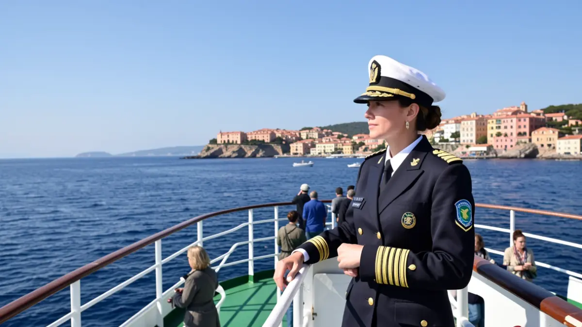 Generic image of a female captain on the bridge of an environmental ship off the Catalan coast.