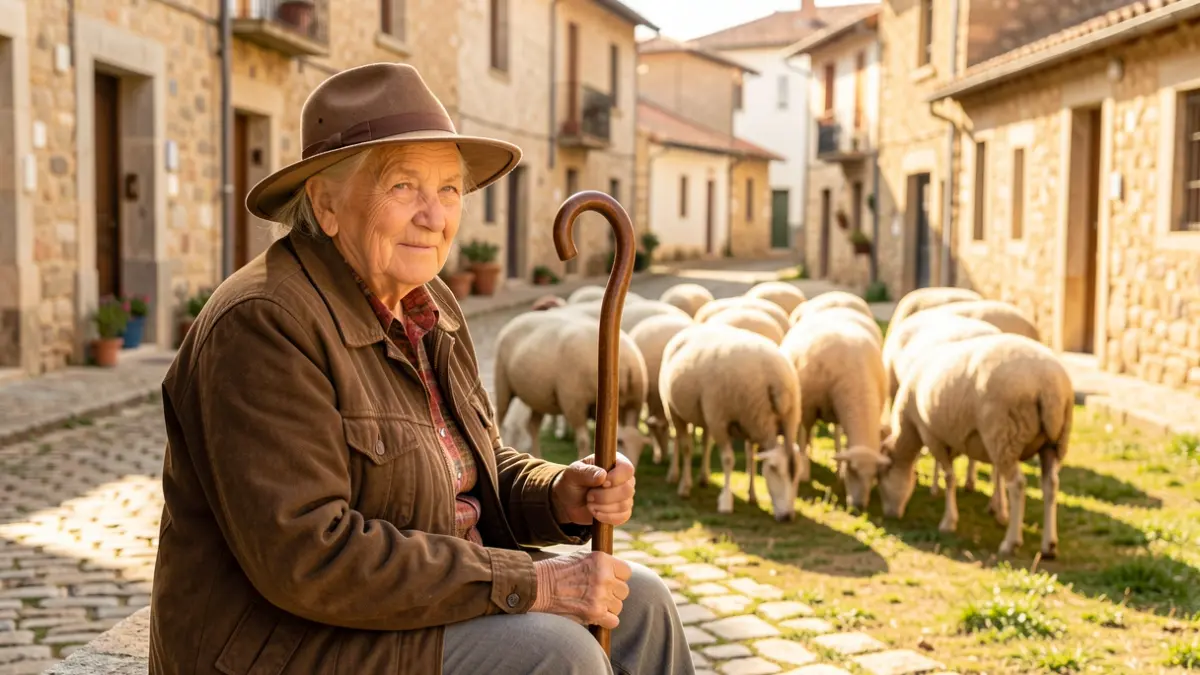 Generic image of an elderly shepherdess with her flock in a Catalan village.
