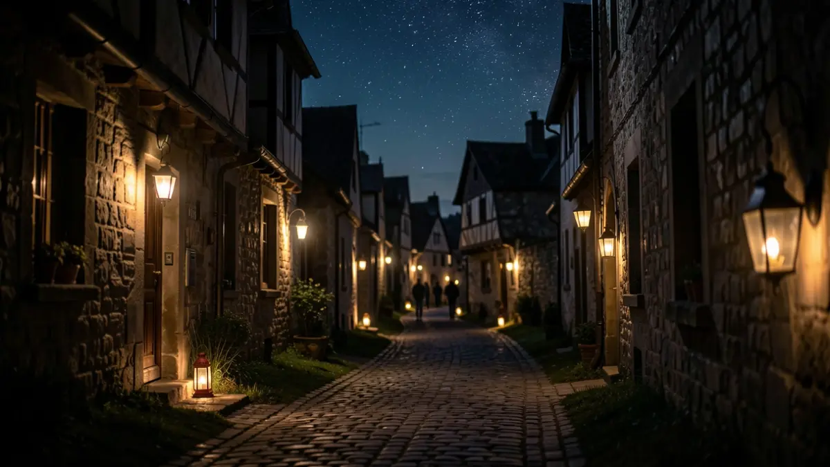 Imatge genèrica d'un camí nocturn en un poblat medieval.